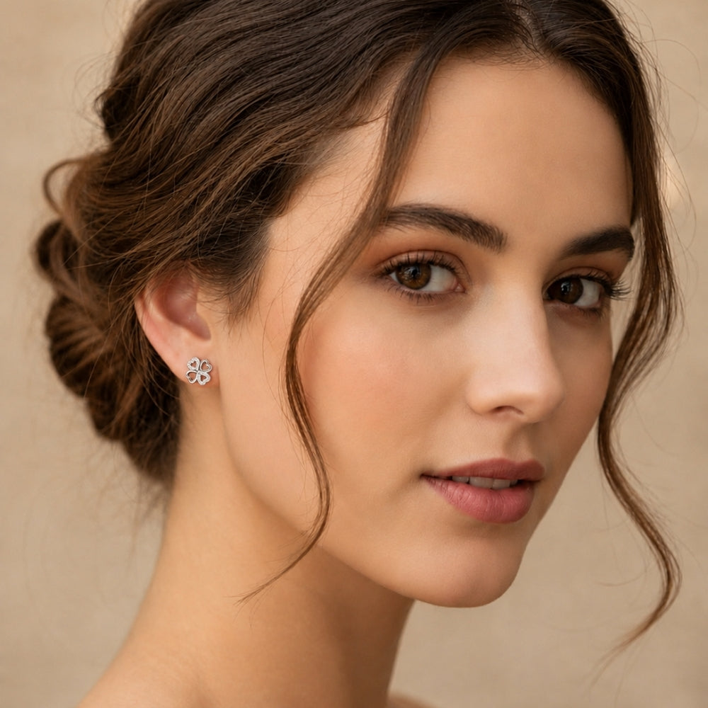 Silver Heart Clover Studs Earrings