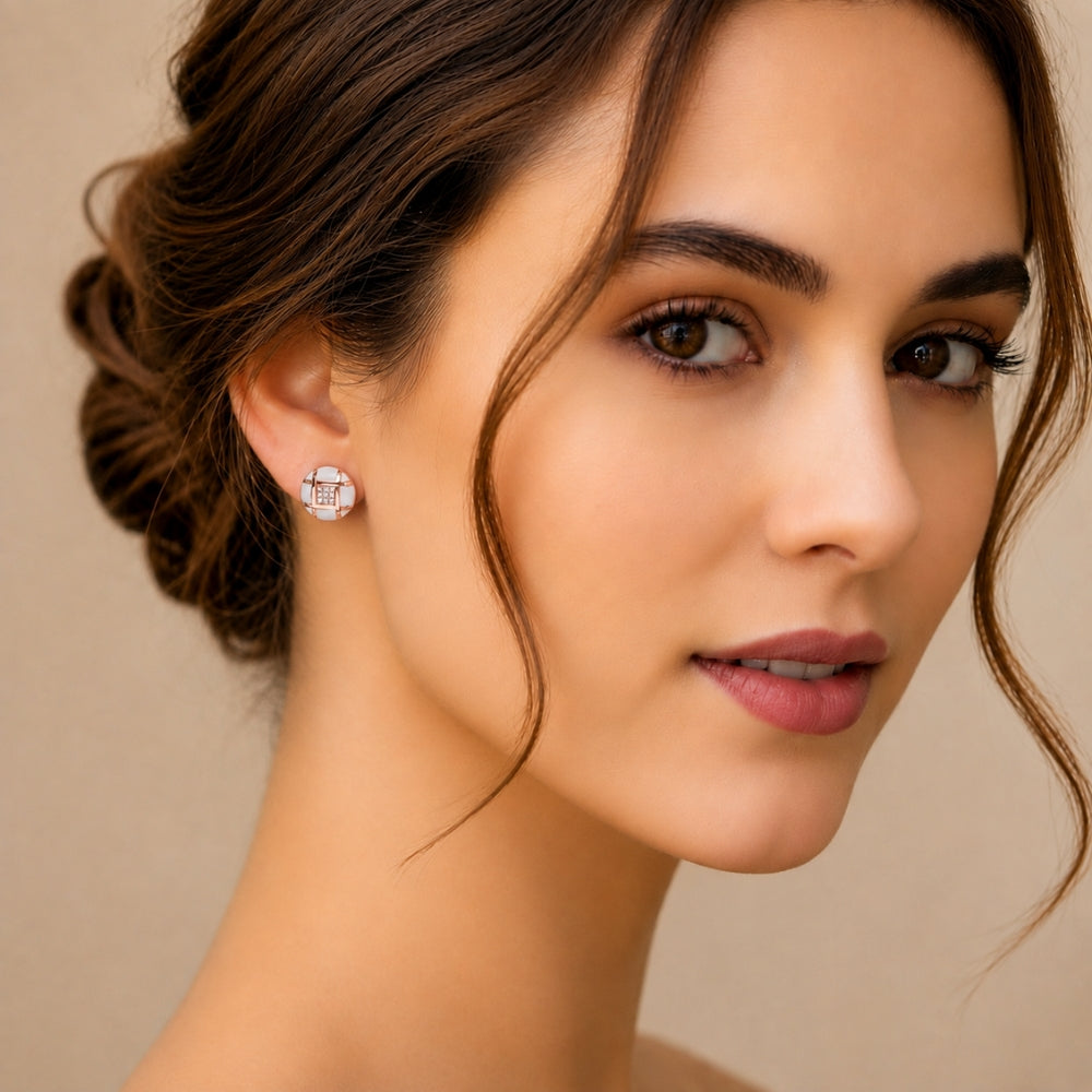 Rose Gold Round Design White and Crystal Stud