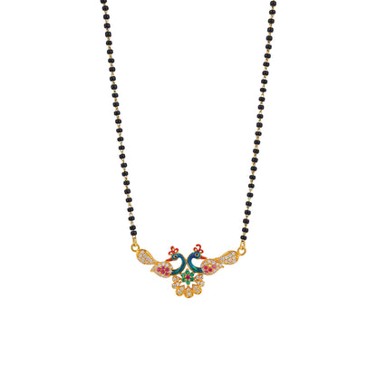 MAIRA 1gm Micron 18K Micron Gold Plated Peacock Design 18Inch Black Beads Kala Mani Mangalsutra For Women | Hypoallergenic | Tanmaniya | Chandi Necklace Jewellery | Pure Silver Gift for Wife