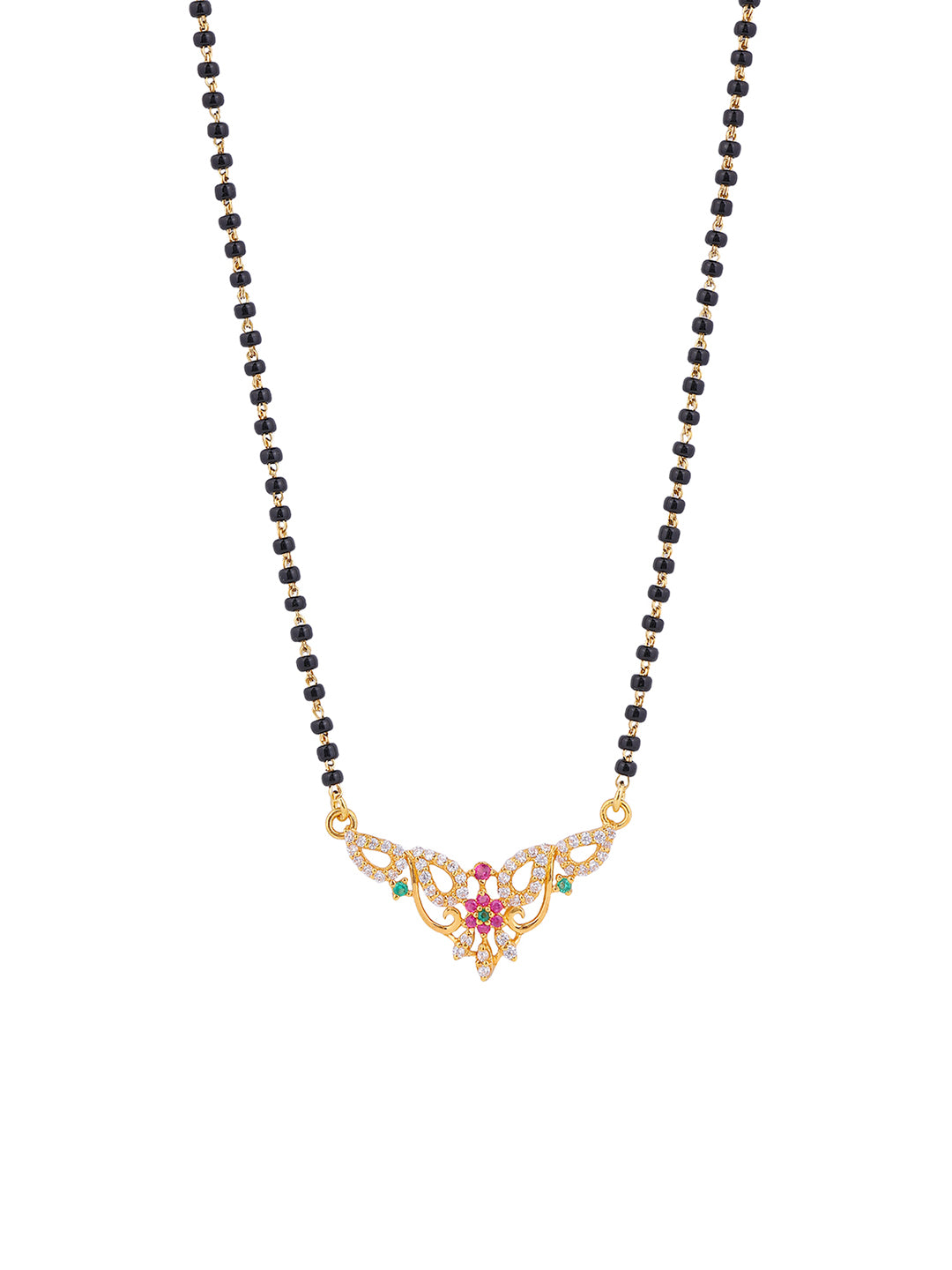 MAIRA 925 Sterling Silver Traditional Mangalsutra Necklace with CZ Diamond Floral Pendant, Black Beads Chain 18K Micron Gold Plated | Hypoallergenic | Pure Silver Gift For Wife