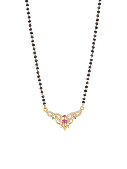 MAIRA 925 Sterling Silver Traditional Mangalsutra Necklace with CZ Diamond Floral Pendant, Black Beads Chain 18K Micron Gold Plated | Hypoallergenic | Pure Silver Gift For Wife