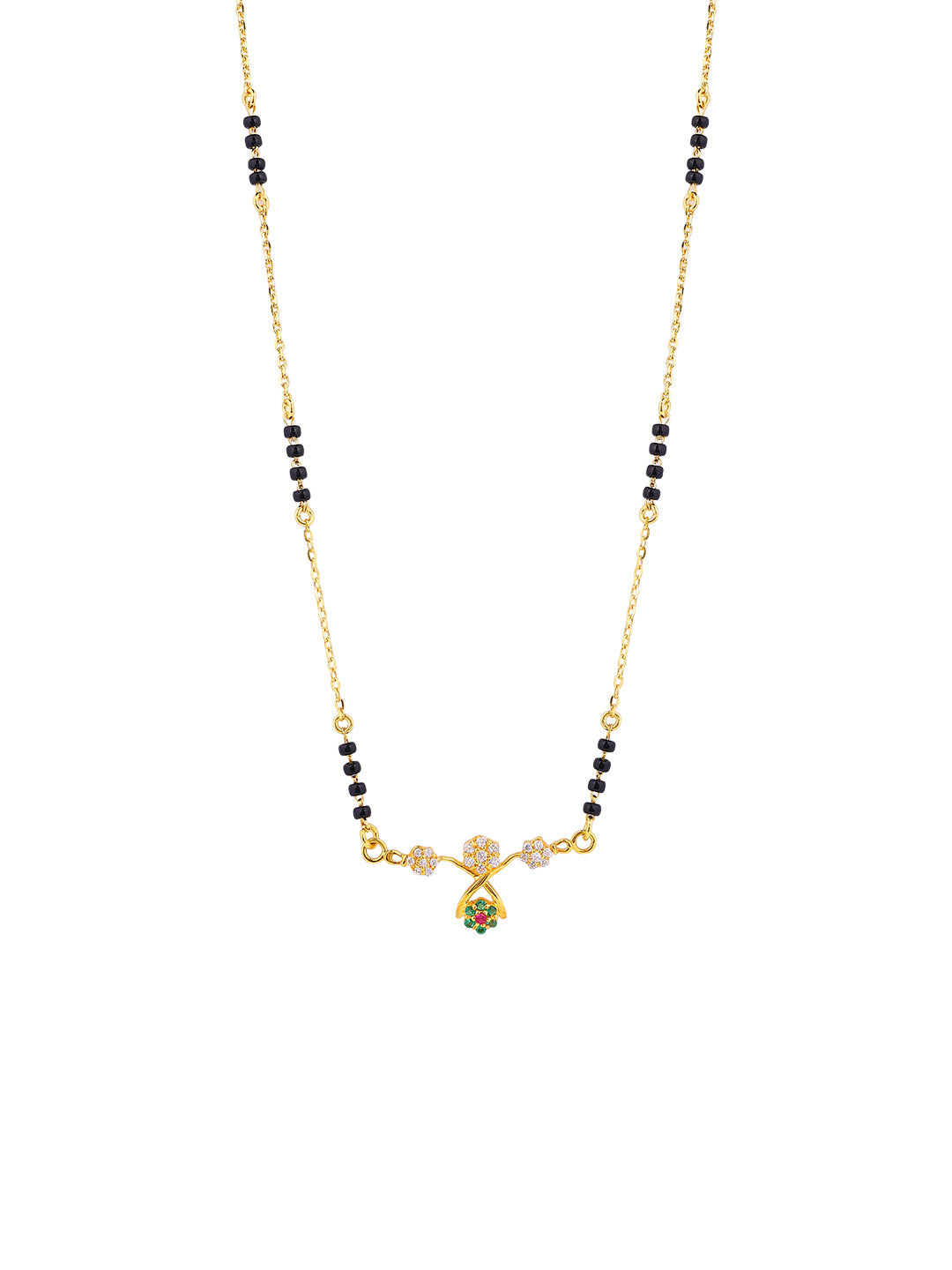 MAIRA Traditional Mangalsutra Necklace with CZ Flowers, Black Beads, Ruby and Emerald, Gold-Plated