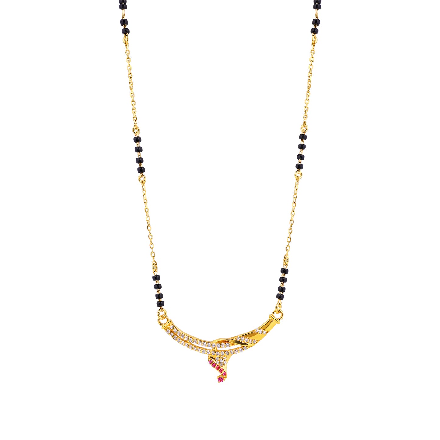 MAIRA 925 Sterling Silver Traditional Mangalsutra Necklace, Gold-Plated with CZ Diamonds and Ruby Accents | Hypoallergenic | Tanmaniya | Kala Mani Mangalsutra | Karthamani Pathak | Gift For Wife