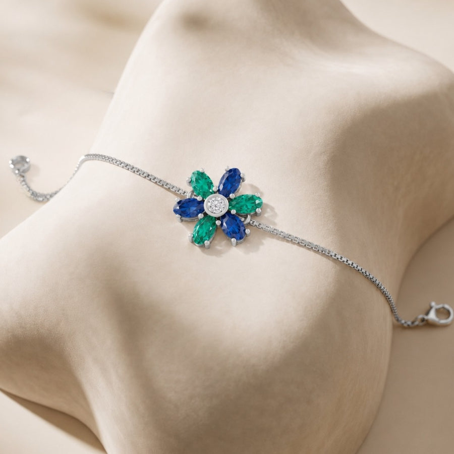 Emerald Sapphire Bloom Multicolour Floral Adjustable Silver Bracelet.