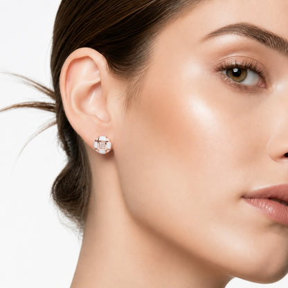 Rose Gold Round Design White and Crystal Stud