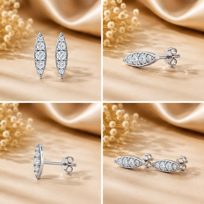 Silver Long Leaf Design Stone Stud Earrings