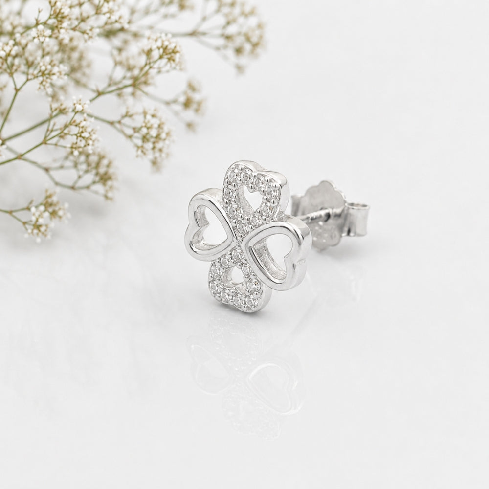 Silver Heart Clover Studs Earrings