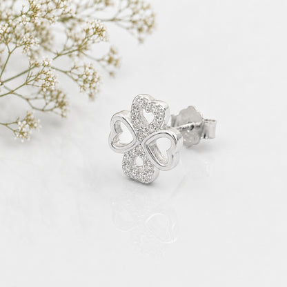Silver Heart Clover Studs Earrings