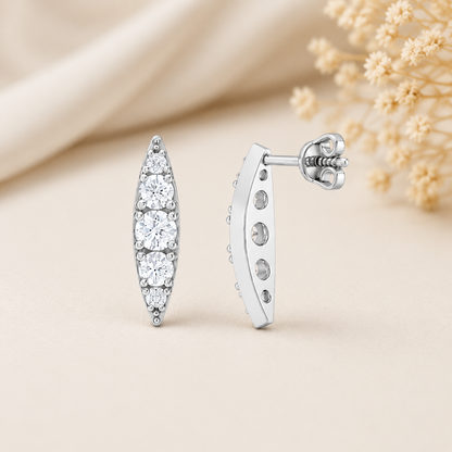 Silver Long Leaf Design Stone Stud Earrings