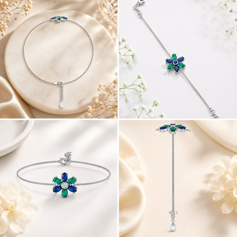 Emerald Sapphire Bloom Multicolour Floral Adjustable Silver Bracelet.