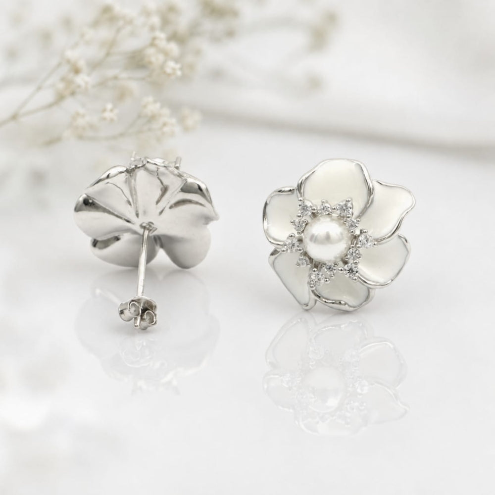 White Pearl Flower Earrings
