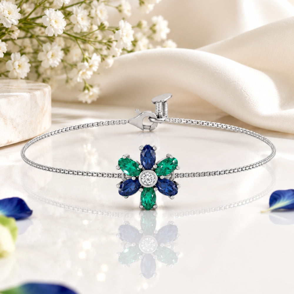 Emerald Sapphire Bloom Multicolour Floral Adjustable Silver Bracelet.