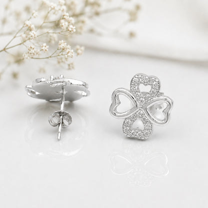 Silver Heart Clover Studs Earrings