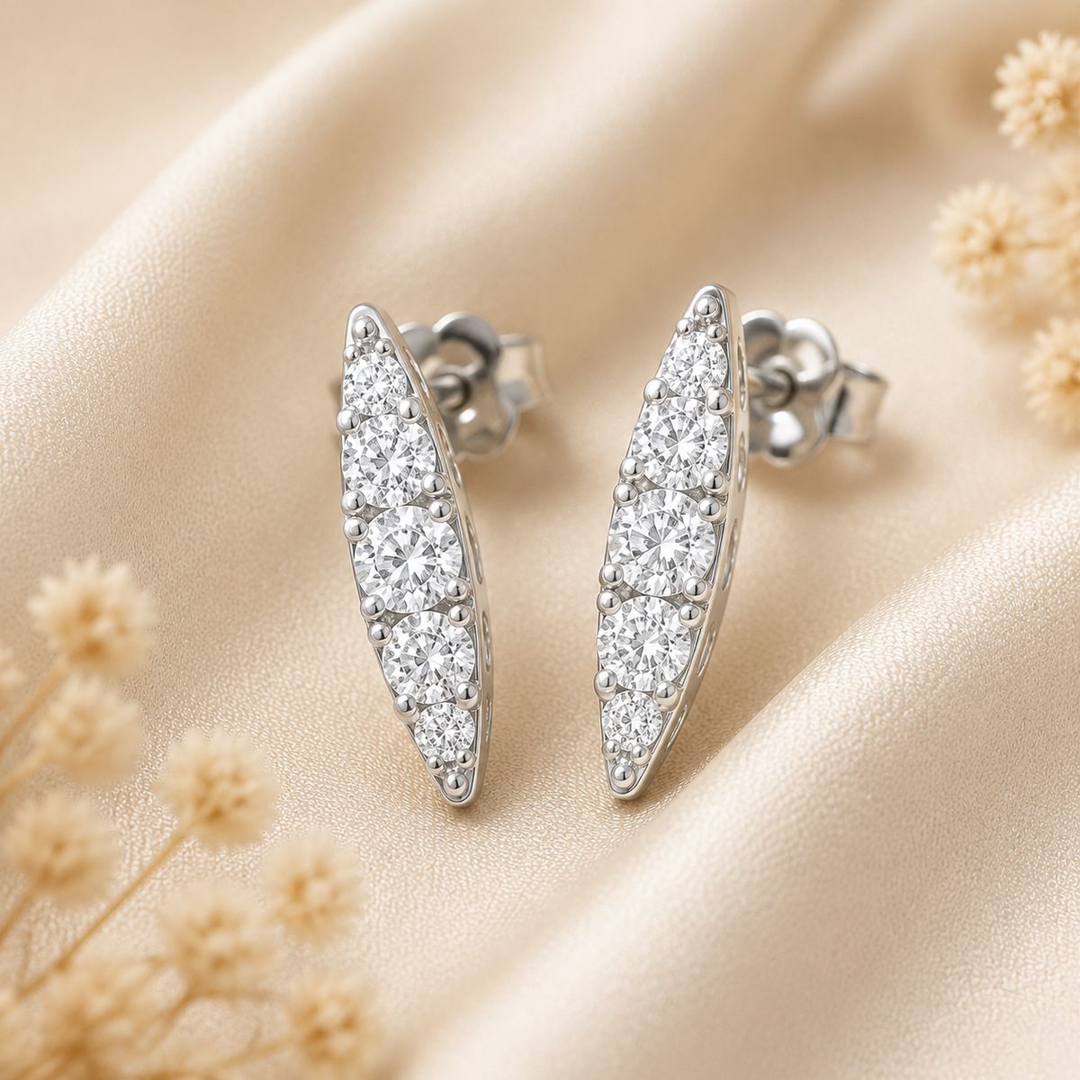Silver Long Leaf Design Stone Stud Earrings