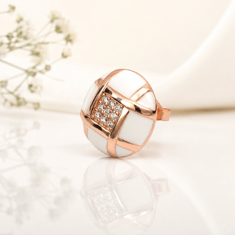 Rose Gold Round Design White and Crystal Stud