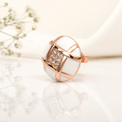 Rose Gold Round Design White and Crystal Stud