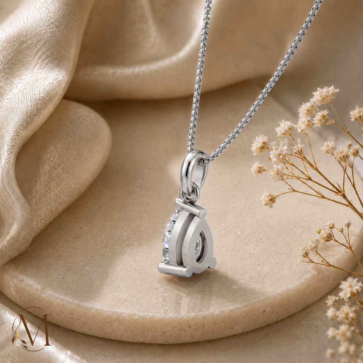 Raindrop Solitaire Rhodium Plated Pendant Necklace