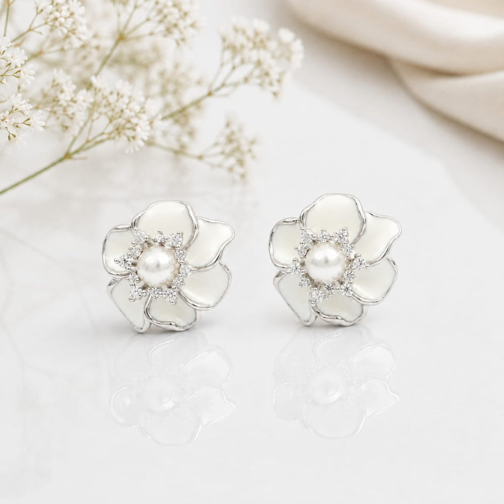 White Pearl Flower Earrings