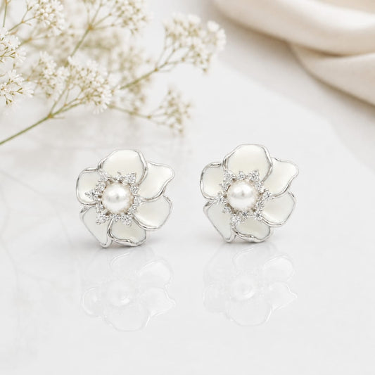 White Pearl Flower Earrings