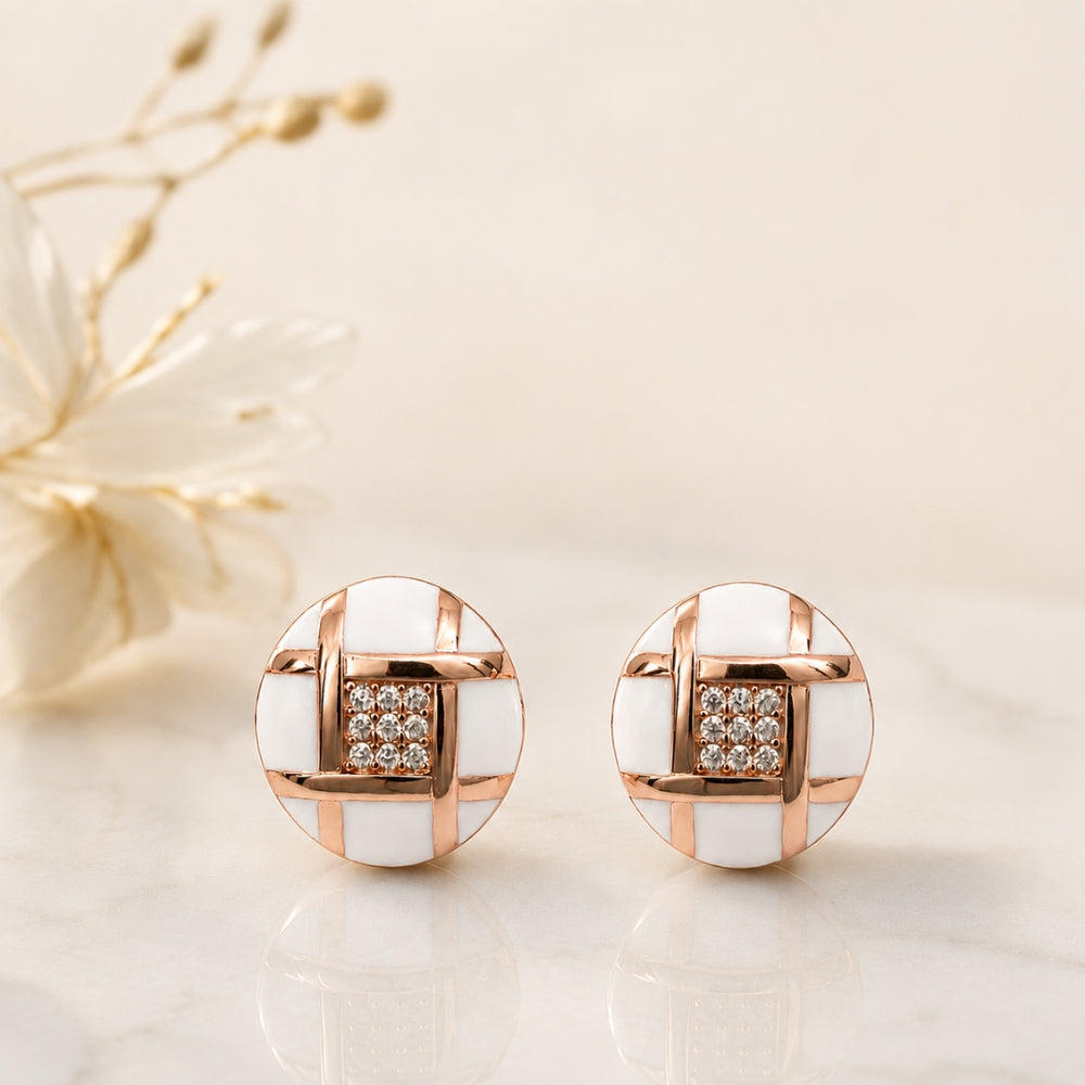 Rose Gold Round Design White and Crystal Stud