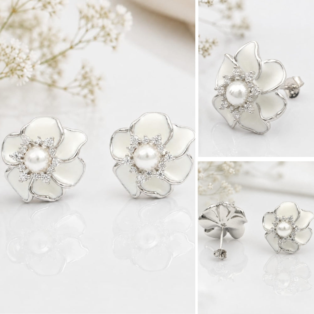 White Pearl Flower Earrings