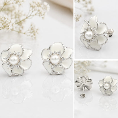 White Pearl Flower Earrings