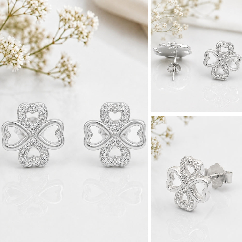 Silver Heart Clover Studs Earrings