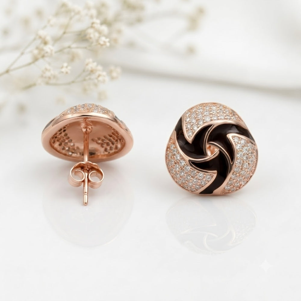 Rose Gold Black Swirl Crystal Stud Earrings