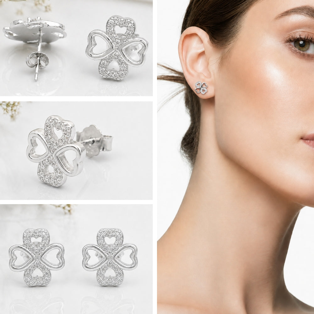 Silver Heart Clover Studs Earrings