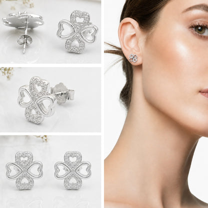 Silver Heart Clover Studs Earrings