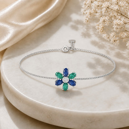 Emerald Sapphire Bloom Multicolour Floral Adjustable Silver Bracelet.