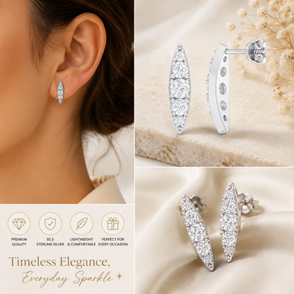 Silver Long Leaf Design Stone Stud Earrings