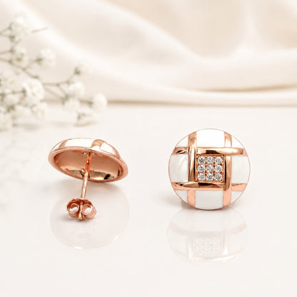 Rose Gold Round Design White and Crystal Stud