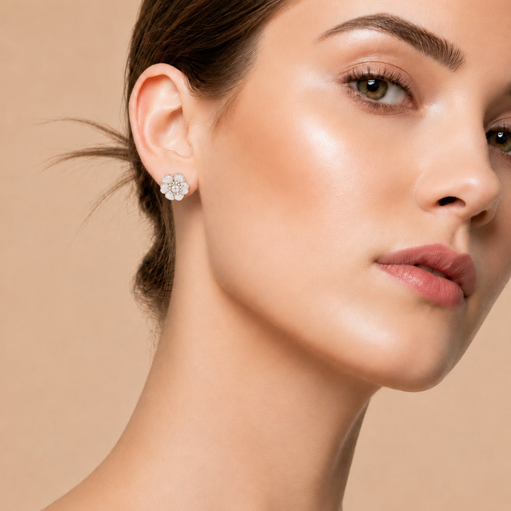 White Pearl Flower Earrings