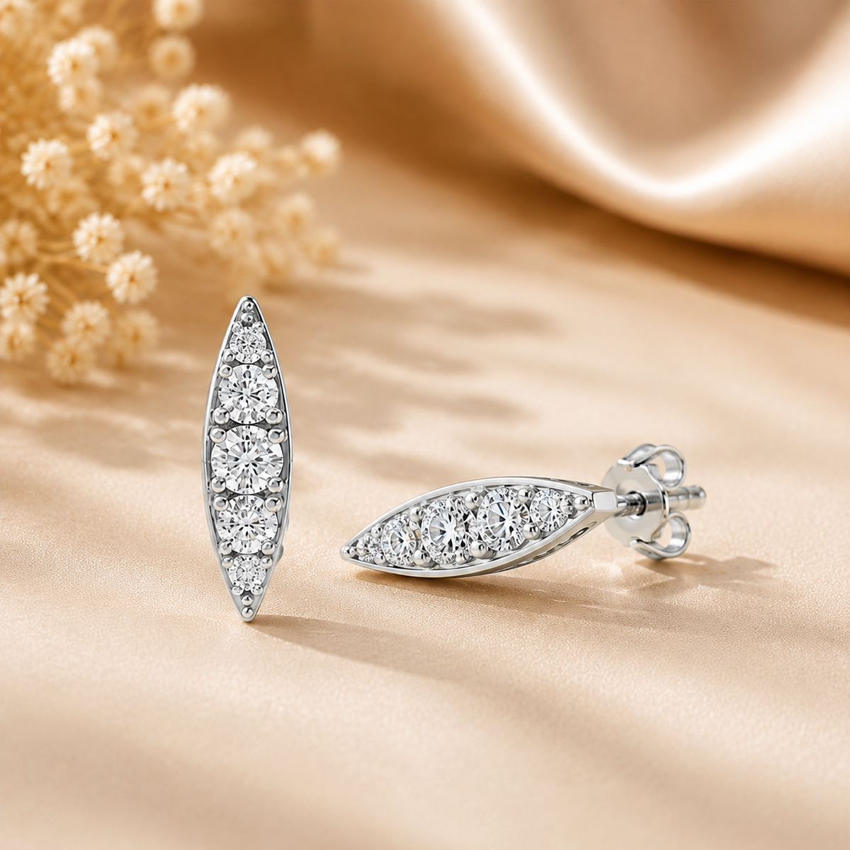 Silver Long Leaf Design Stone Stud Earrings