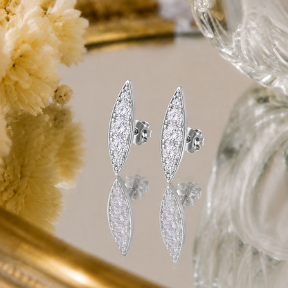 Silver Long Leaf Design Stone Stud Earrings