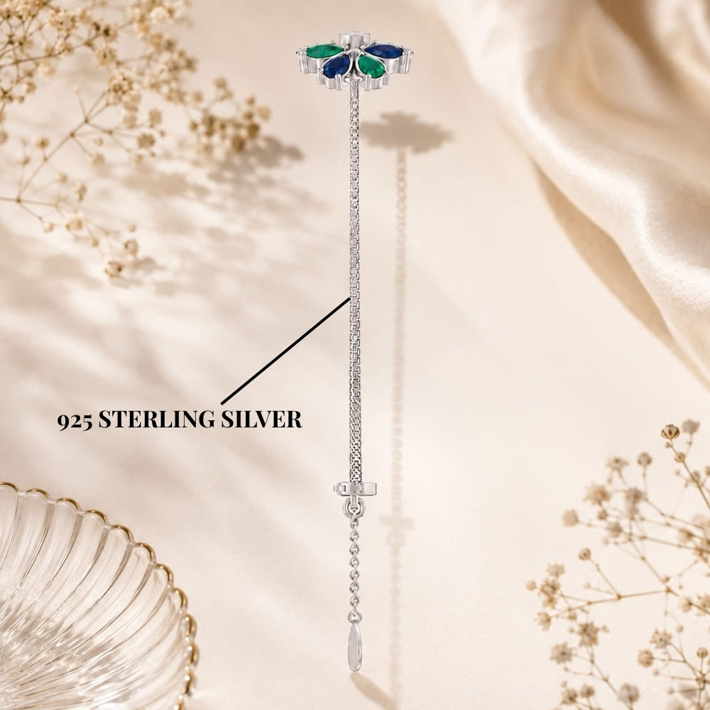 Emerald Sapphire Bloom Multicolour Floral Adjustable Silver Bracelet.