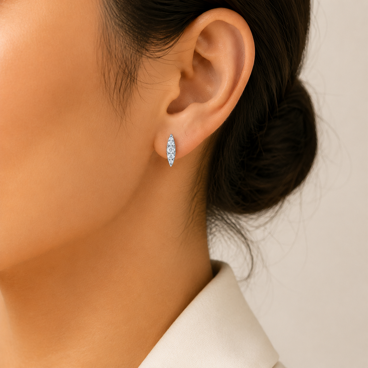 Silver Long Leaf Design Stone Stud Earrings