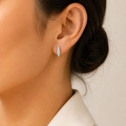 Silver Long Leaf Design Stone Stud Earrings