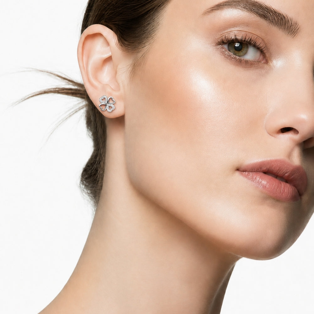 Silver Heart Clover Studs Earrings