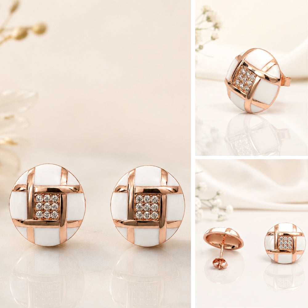 Rose Gold Round Design White and Crystal Stud