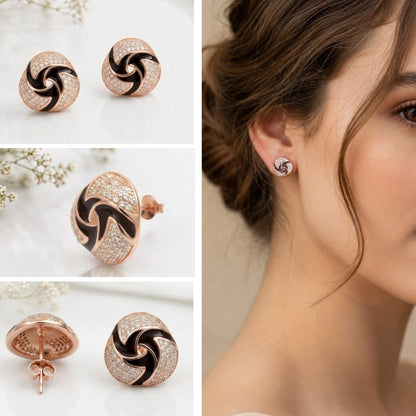 Rose Gold Black Swirl Crystal Stud Earrings