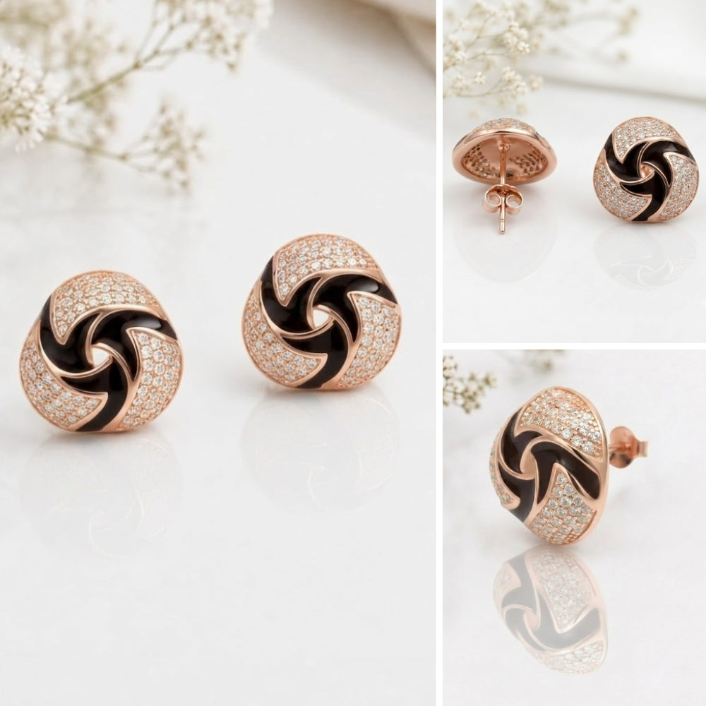 Rose Gold Black Swirl Crystal Stud Earrings