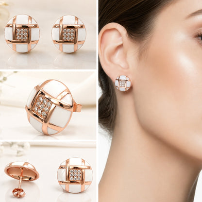 Rose Gold Round Design White and Crystal Stud
