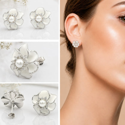 White Pearl Flower Earrings