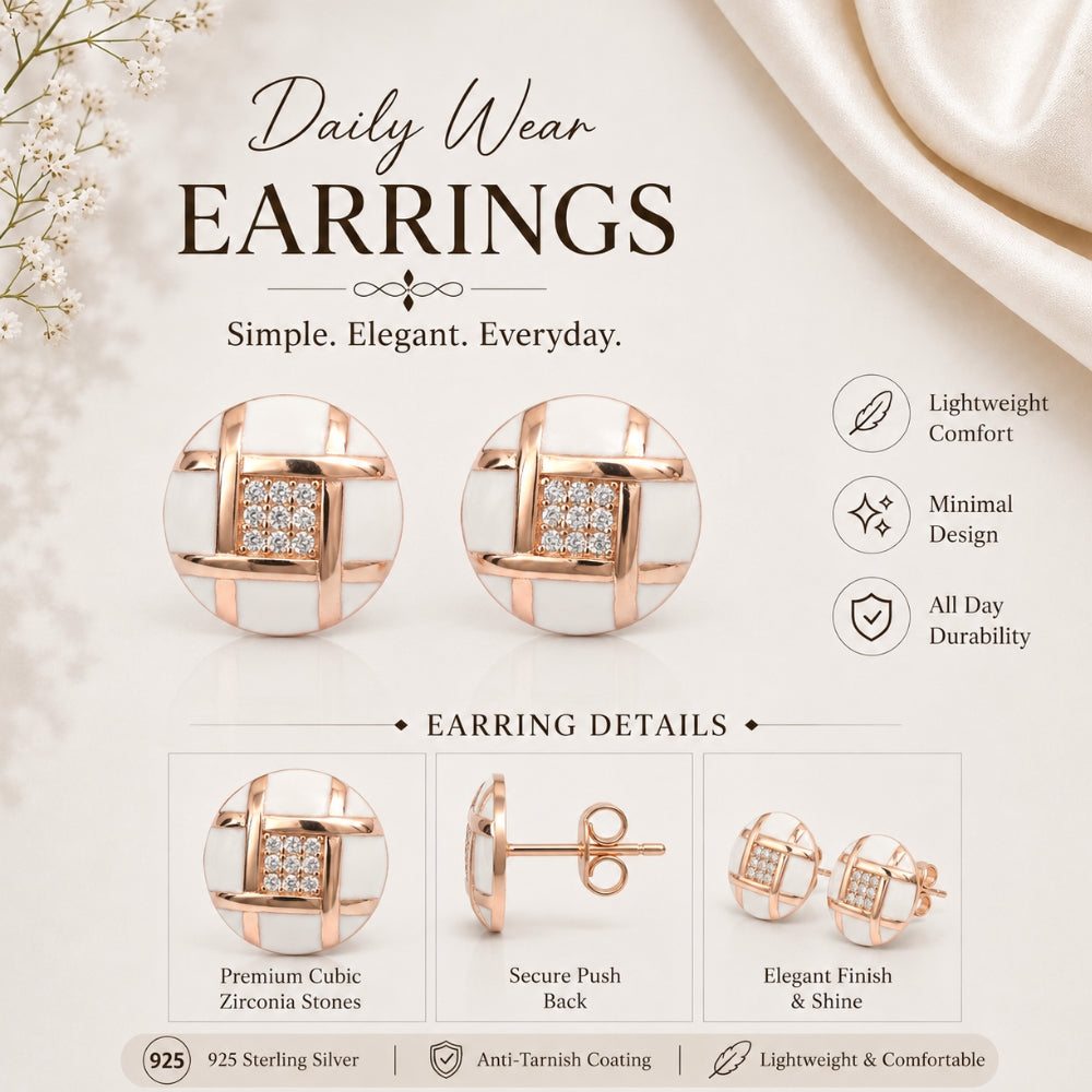 Rose Gold Round Design White and Crystal Stud