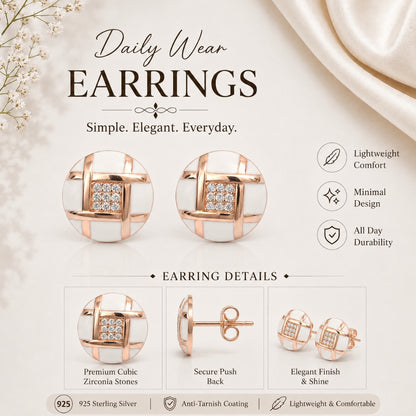 Rose Gold Round Design White and Crystal Stud