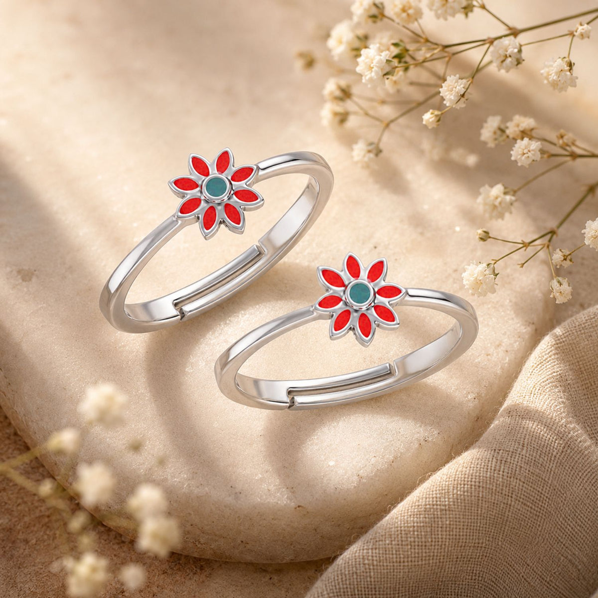 Coral Bloom Enamel Floral Adjustable Toe Rings