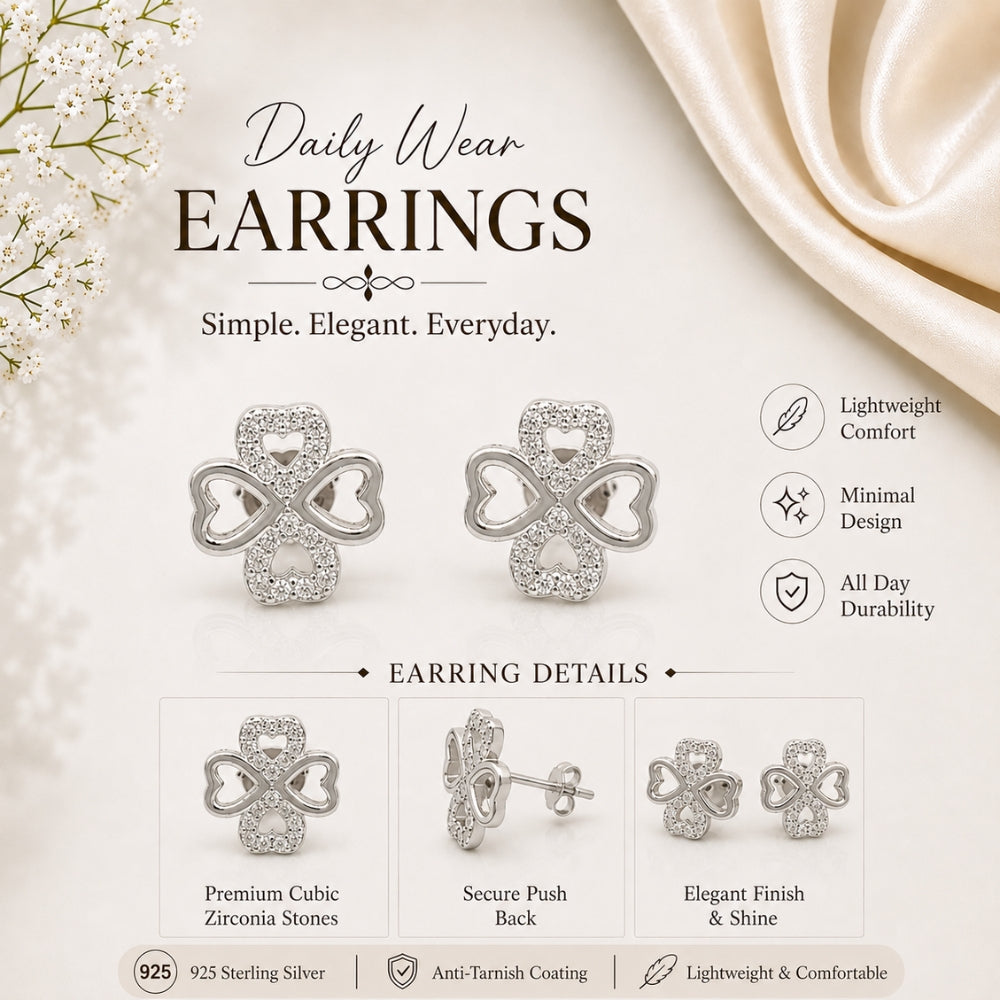 Silver Heart Clover Studs Earrings