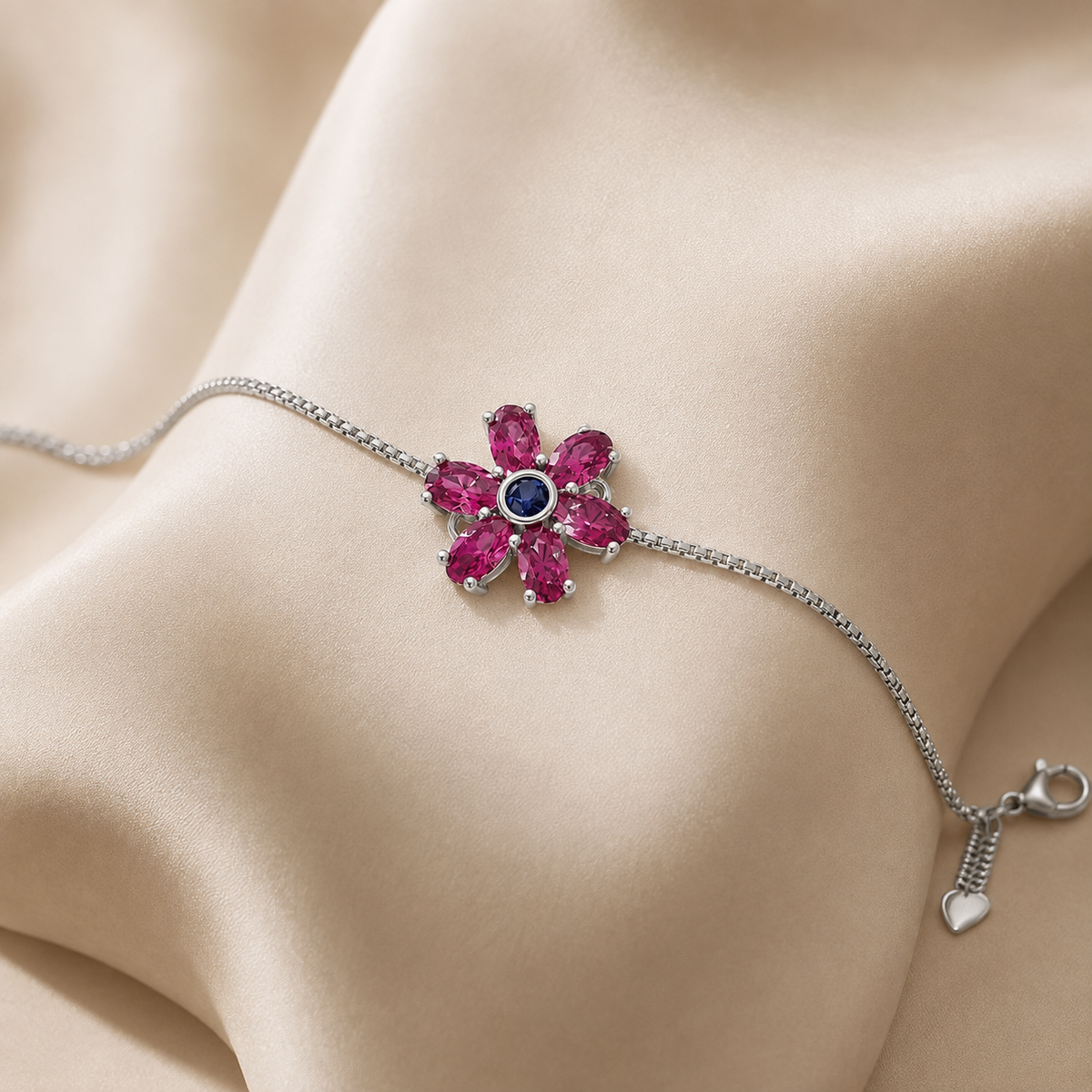 Fuchsia Bloom Pink Stone Floral Adjustable Silver Bracelet.